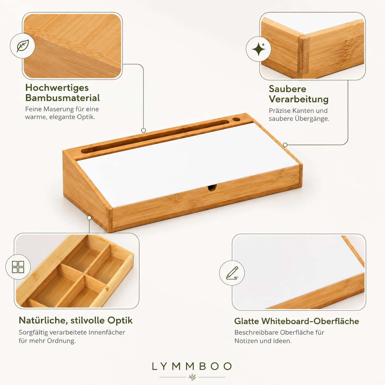 Organizador de escritorio de bambú con pizarra blanca, 45 x 18 x 6 cm, varios compartimentos, tapa para notas, oficina en casa