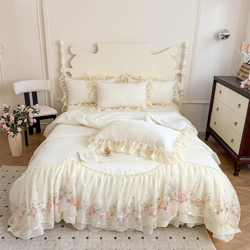 Parure de Lit 4 Pièces à Dentelle Style Français Chic - Couverture-Drap,Drap de Lit et Housses de Traversin pour Fille,Literie Style Coréen Princesse,Ultra Doux et Léger(White,Twin)