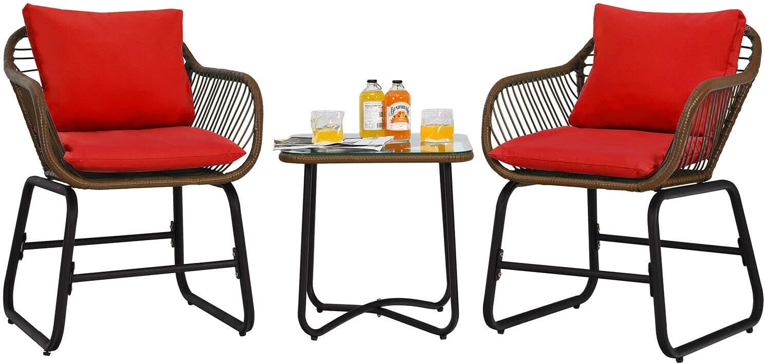 3PCS Patio Rattan Bistro Set Cushioned Chair Glass Table Deck Red Armchair Square Table