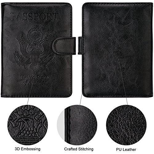 Image of WALNEW Passport Holder for Travel, RFID Passport Cover Wallet for Women Men, PU Leather Passport Book Card Holder Case with Pen (Buckle Closure, Buckle-Black)