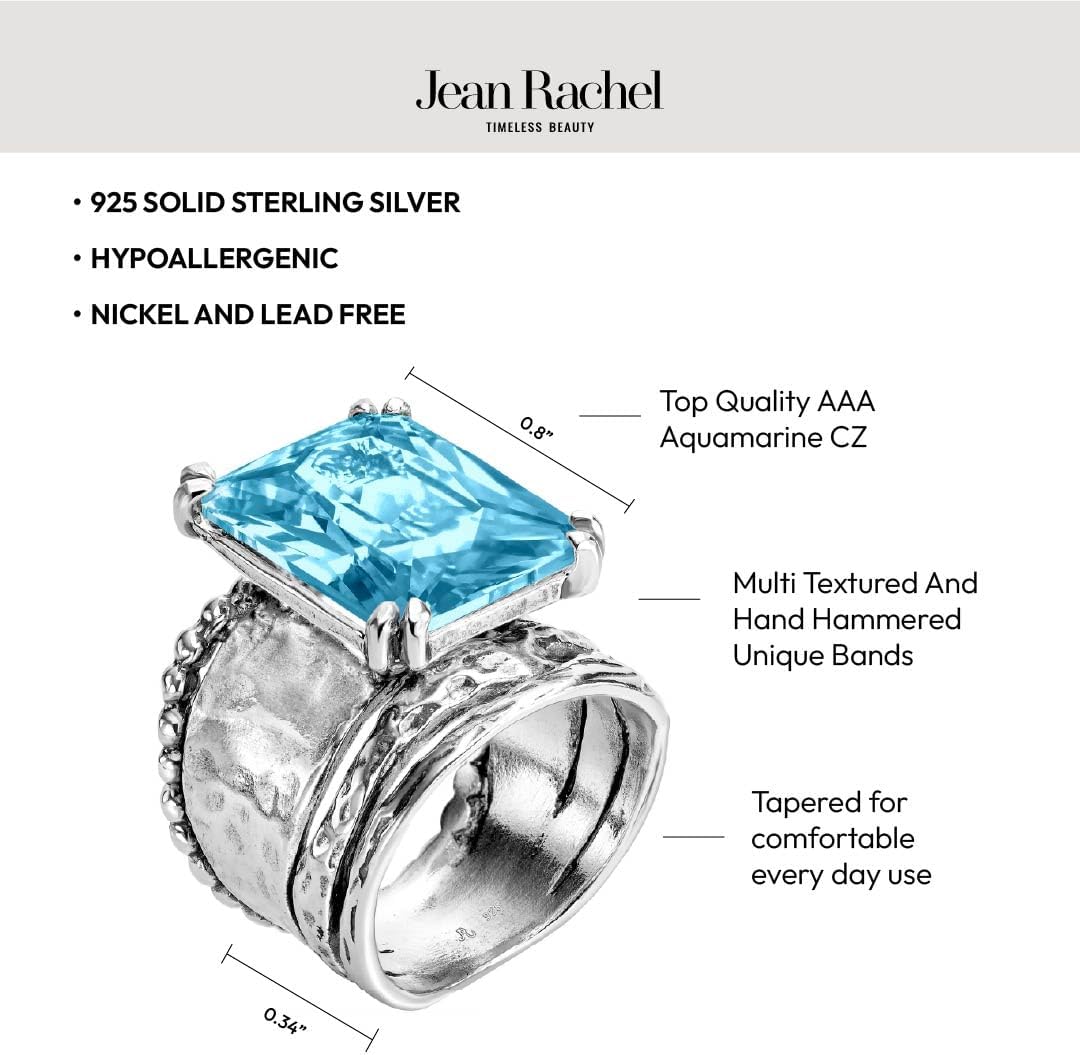 JEAN RACHEL JEWELRY 925 Sterling Silver Ring - Hammered Vintage Design with Octagon Shaped Cubic Zirconia - Hypoallergenic, Lead & Nickel Free - Artisan Handcrafted Statement Rings for Women