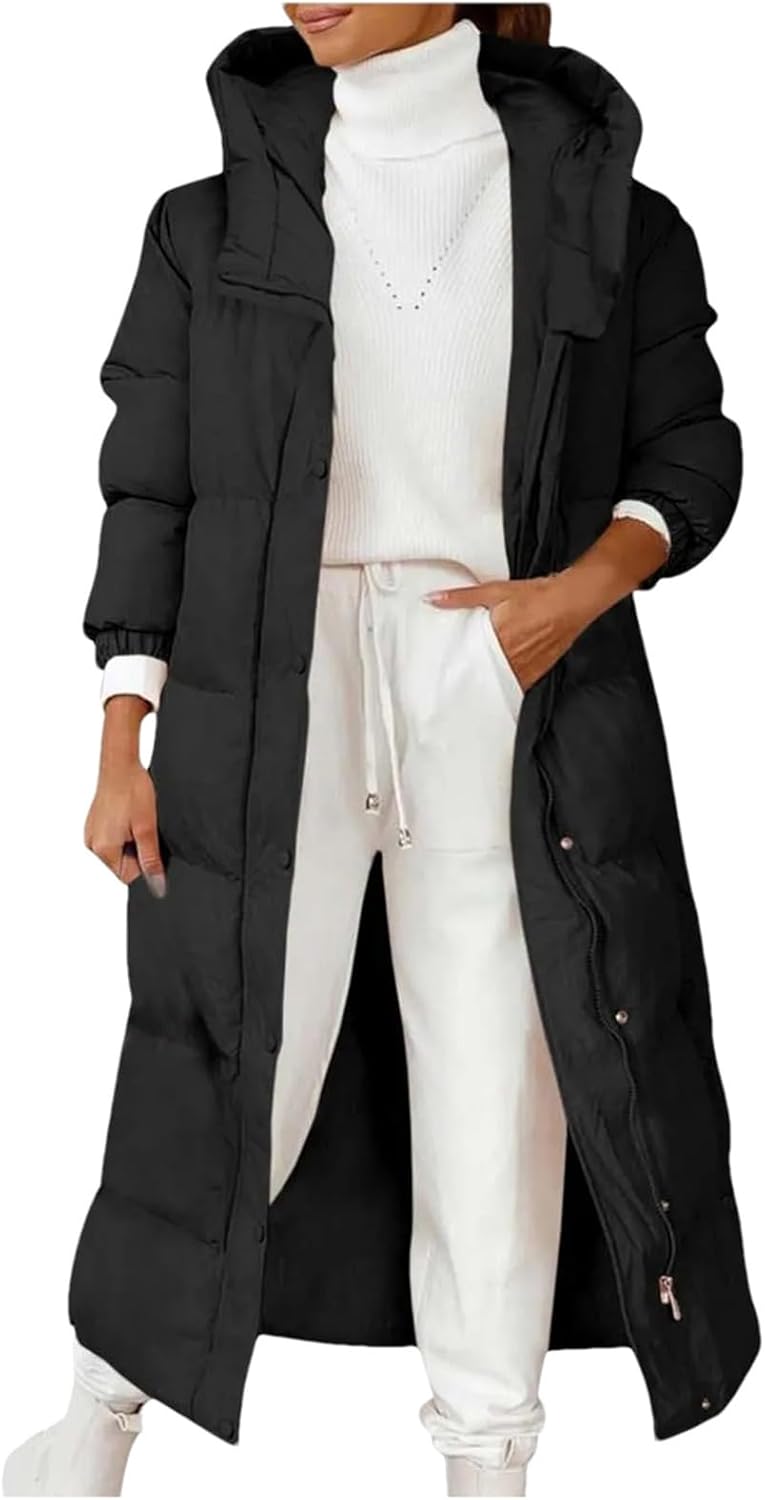 Mnjyihy Women Over The Knee Long Parkas Coat Winter Slim-Fit Down Cotton Hooded Thick Warm Parkas Jacket
