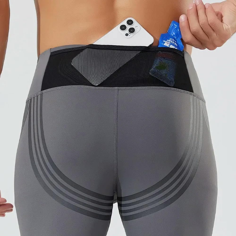 DYRBF - Leggings a compressione da uomo a vita alta con tasche, per corsa, basket, palestra, allenamento, nero, blu, blu navy, grigio