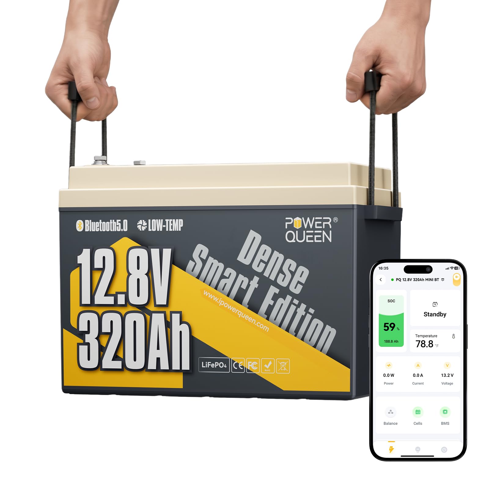 Power Queen Batterie Lithium 12V 320Ah Bluetooth Mini Camping-Car, 4096Wh Batterie LiFePO4 Largeur 189mm pour Espace sous Sièges, BMS 200A avec Basse Température, Convient pour Caravane, Bateau,Solair