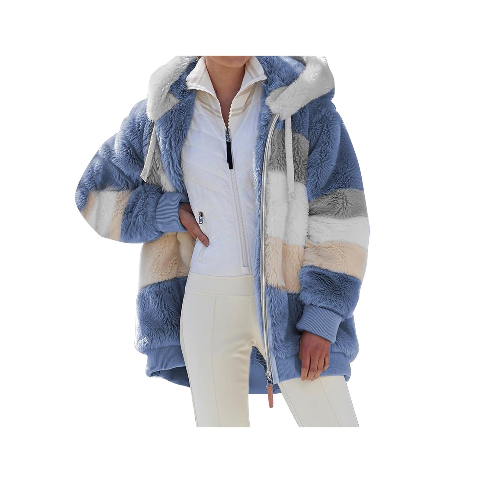 Manteaux Polaire Zippée pour Femme Mode en Peluche à Capuche Épaissir Blouson Chaud Hiver Décontractée Doux Ample Veste