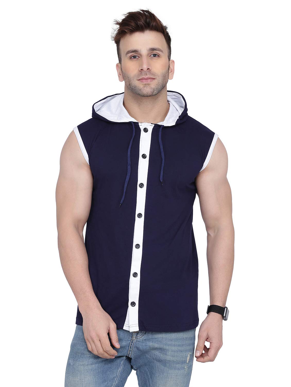 Men's Sleeveless Button-Down Hooded T-Shirt | Stylish Contrast Hood Gym & Casual Wear Top-image-35