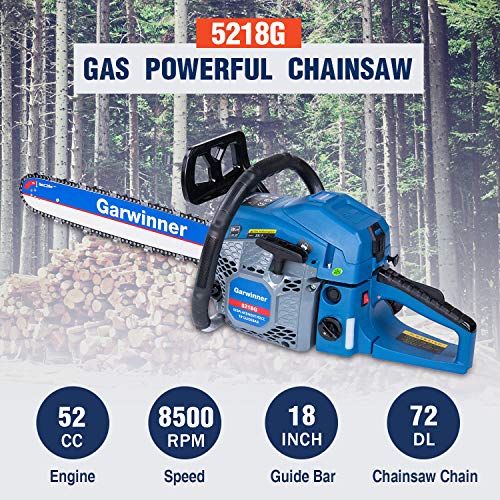 52cc Gas Chainsaws 18 Inch Bar Power Chain Saws, Gas Powered Chainsaw 2 Stroke Handed Petrol Gasoline Chain Saw for Cutting Wood Outdoor Garden Farm Home Use with Tool Kit 5218G