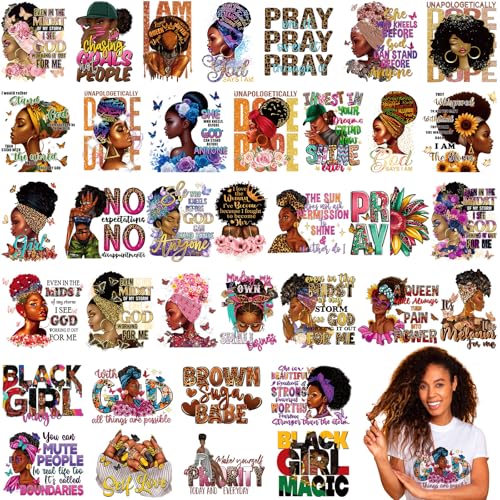 Tellingyou 36 Sheets Iron on Transfers Patches Dtf Ready to Press Vinyl Iron on Patch Embroidered Applique for T Shirt Jacket Pillow Covers Backpack Hoodies DIY Decorations(Black Girl)
