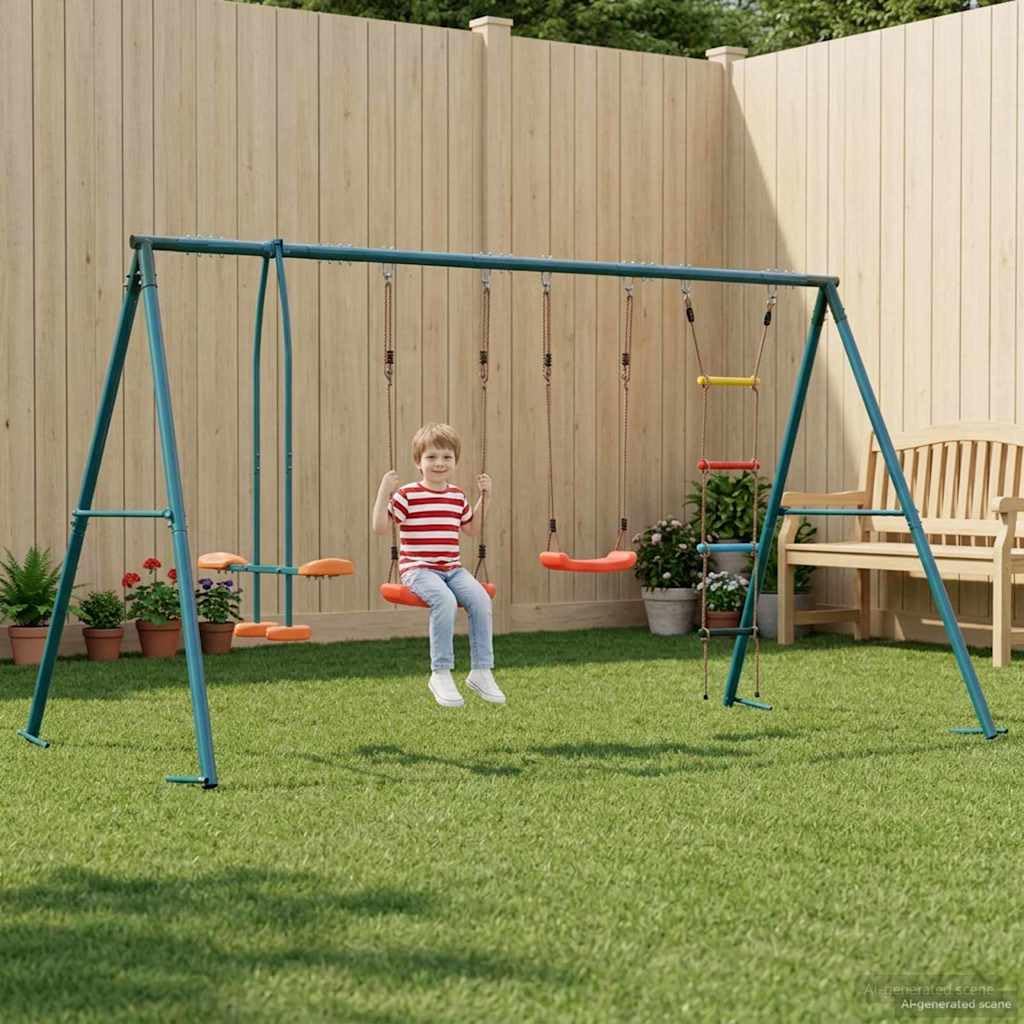 Outdoor Schaukelset Mehrfarbig aus Stahl und PE 330 x 185 x 185 cm mit höhenverstellbarem Sitz für Garten Spielplatz Klettergerüst und Freizeitaktivitäten im Hof
