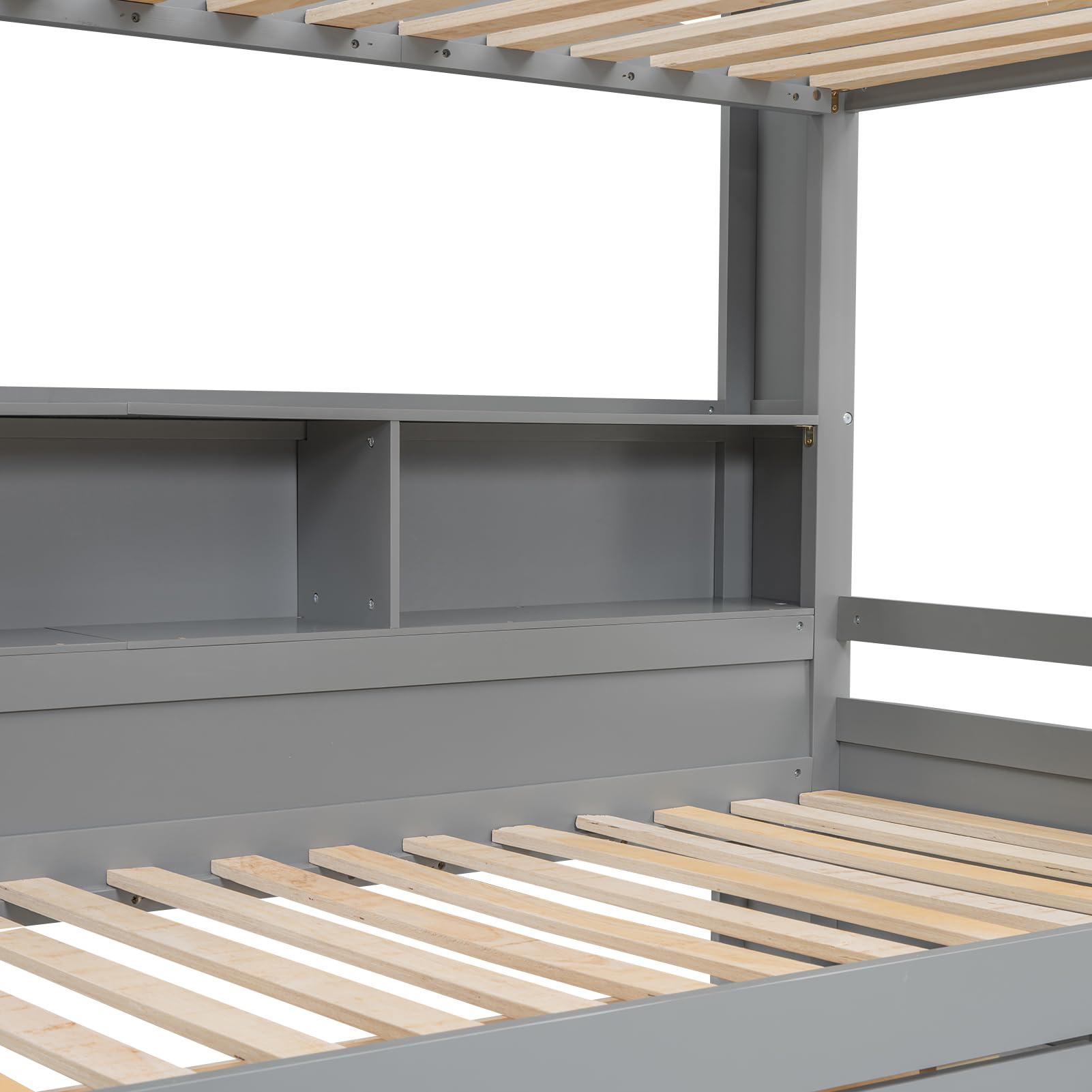 Estructura de cama nido de 90×200 cm Idemon EN747-1 (Gris, MDF de madera maciza, 2 cajones + compartimentos de almacenamiento), Cama nido minimalista para niños y huéspedes con compartimento lateral