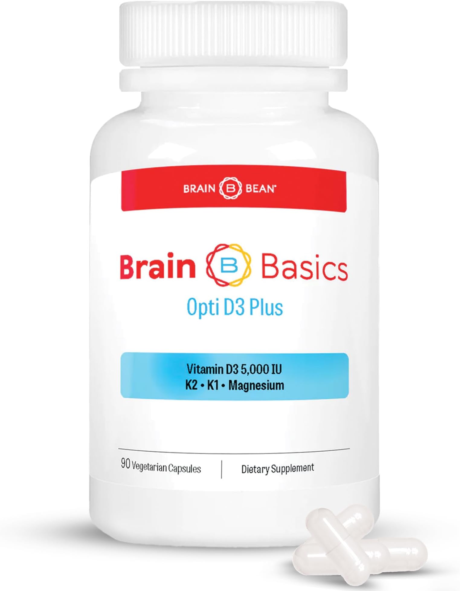 - Brain Basic Opti D3 Plus - Vitamin D3 5000 IU with K1, K2, and Magnesium - Brain Support Supplement for Mood, Mind, Memory - Bone, Muscle, and Immune Health - Gluten Free, Soy Free, and Dairy Free