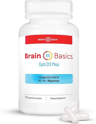 Brain Basic Opti D3 Plus - Vitamina D3 5000 UI con K1, K2 y magnesio - Suplemento de apoyo cerebral para el estado de ánimo, la mente, la memoria -