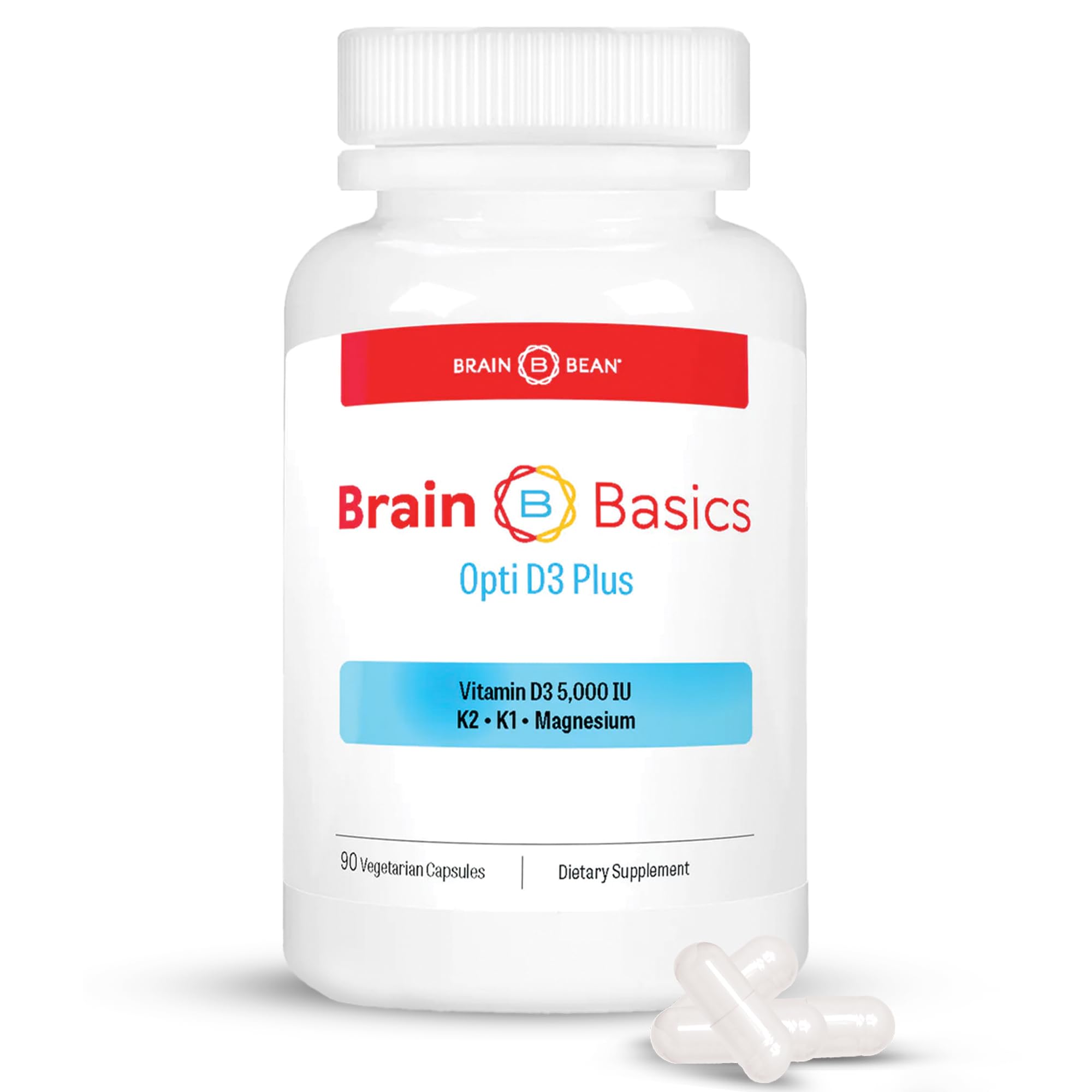 - Brain Basic Opti D3 Plus - Vitamin D3 5000 IU with K1, K2, and Magnesium - Brain Support Supplement for Mood, Mind, Memory - Bone, Muscle, and Immune Health - Gluten Free, Soy Free, and Dairy Free
