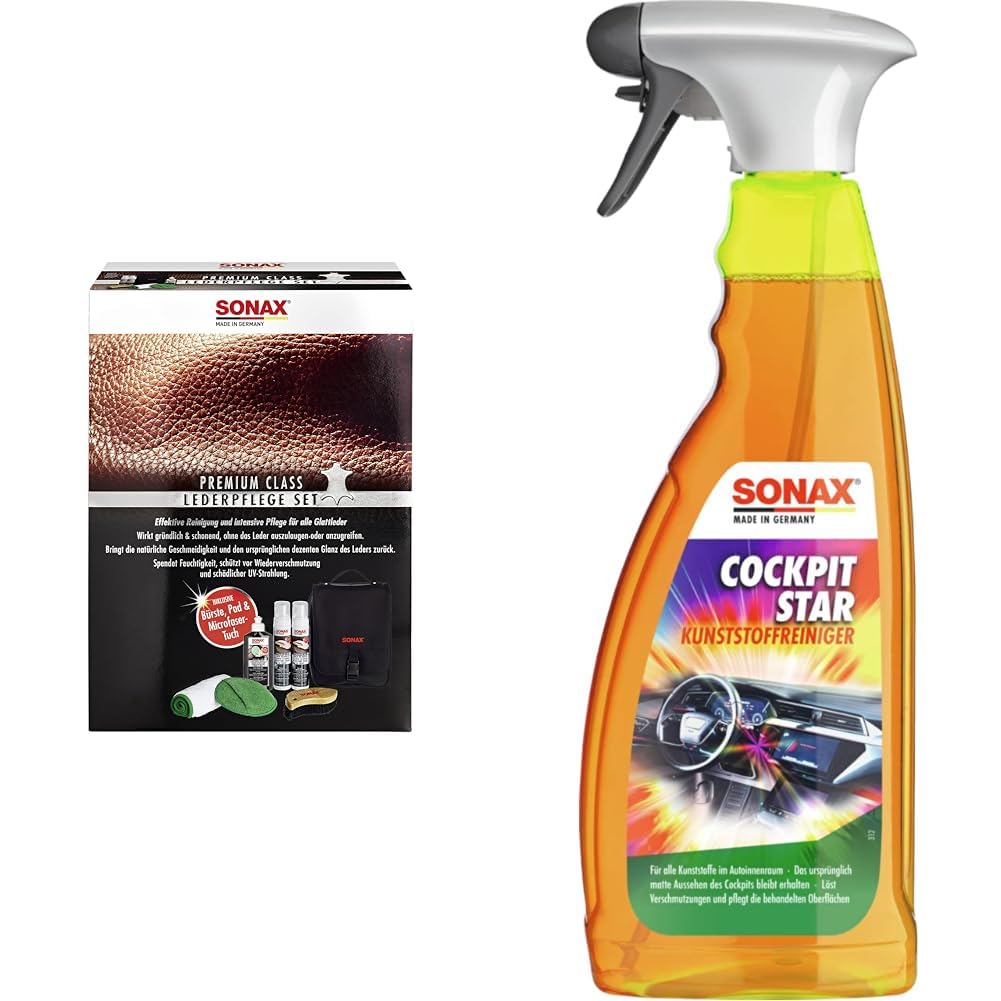 SONAX PREMIUM CLASS LederPflegeSet (3x 250 ml) & CockpitStar (750 ml) Cockpitreiniger reinigt und pflegt alle Kunststoffteile im Auto, antistatisch und staubabweisend/Art-Nr. 02494000
