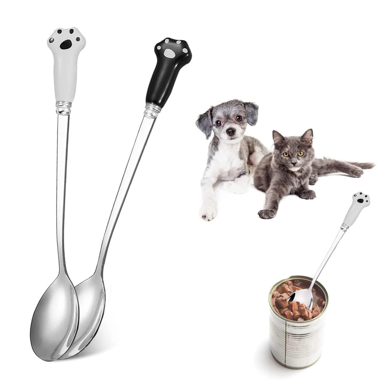 FIBOUND 2-Piece Stainless Steel Pet Food Scoop Set - Long-Handle Cat Paw Jar Spoons for Dog & Cat Food Containers, Durable Kitchen-Grade Feeding Utensils (Black & White)