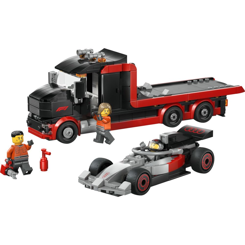LEGO City Ciężarówka F1 z bolidem Audi F1, zabawka dla dzieci do zbudowania, pomysł na prezent dla 7-latka, dla chłopca i dziewczynki na urodziny, ozdoba na biurko dla fana wyścigówki z klocków 60493
