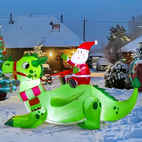 Joiedomi 6 FT Long Christmas Inflatable Dragon Outdoor Decoration, Inflatable Santa Riding Green Dragon with LEDs, Christmas Blow Up Santa Yard Decoration for Xmas Party Garden Lawn Winter Décor