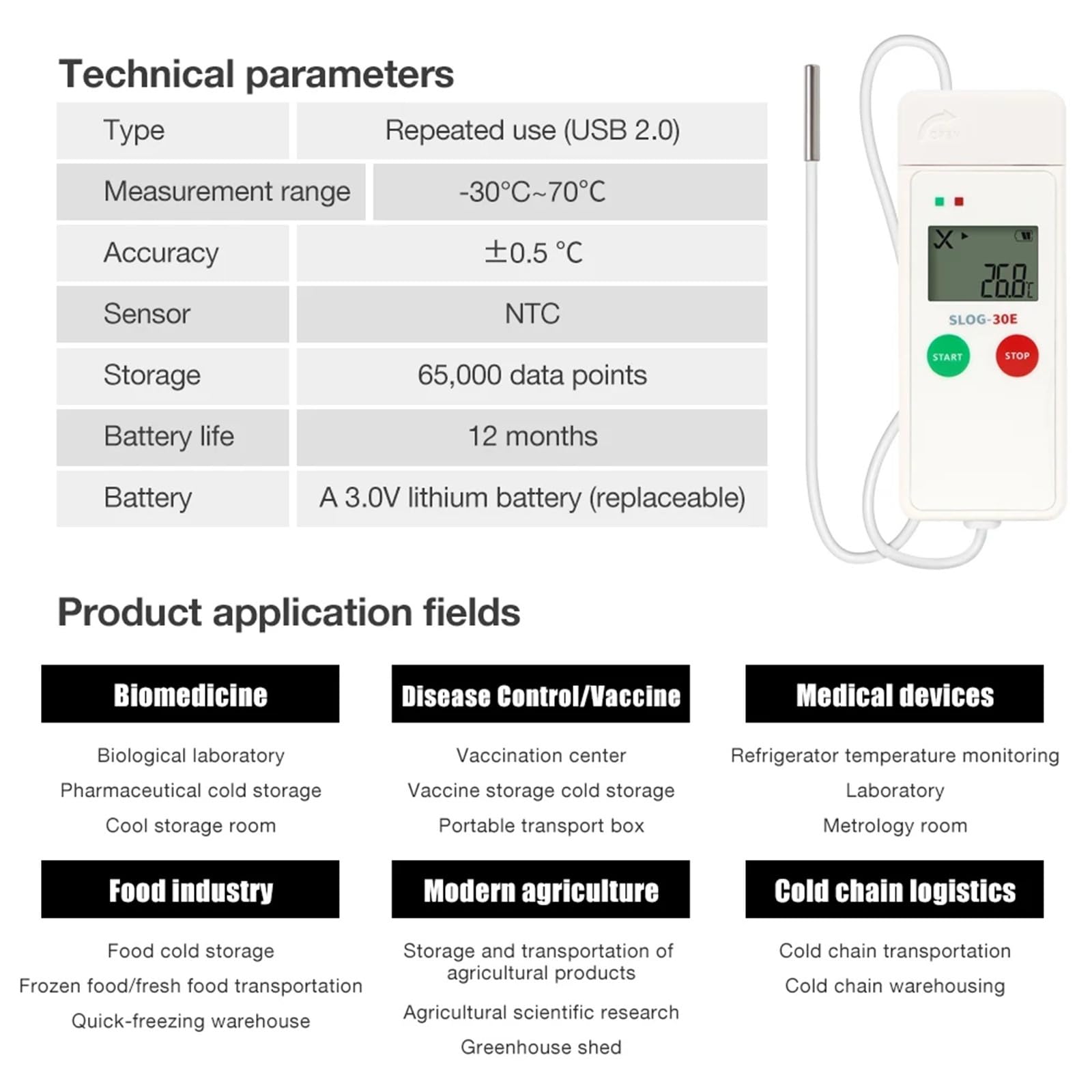 datenlogger Temperaturdatenlogger -30 °C bis 70 °C, 65.000 Messpunkte, mit NTC-Sensor for die Kühlkette(SLOG-30E)