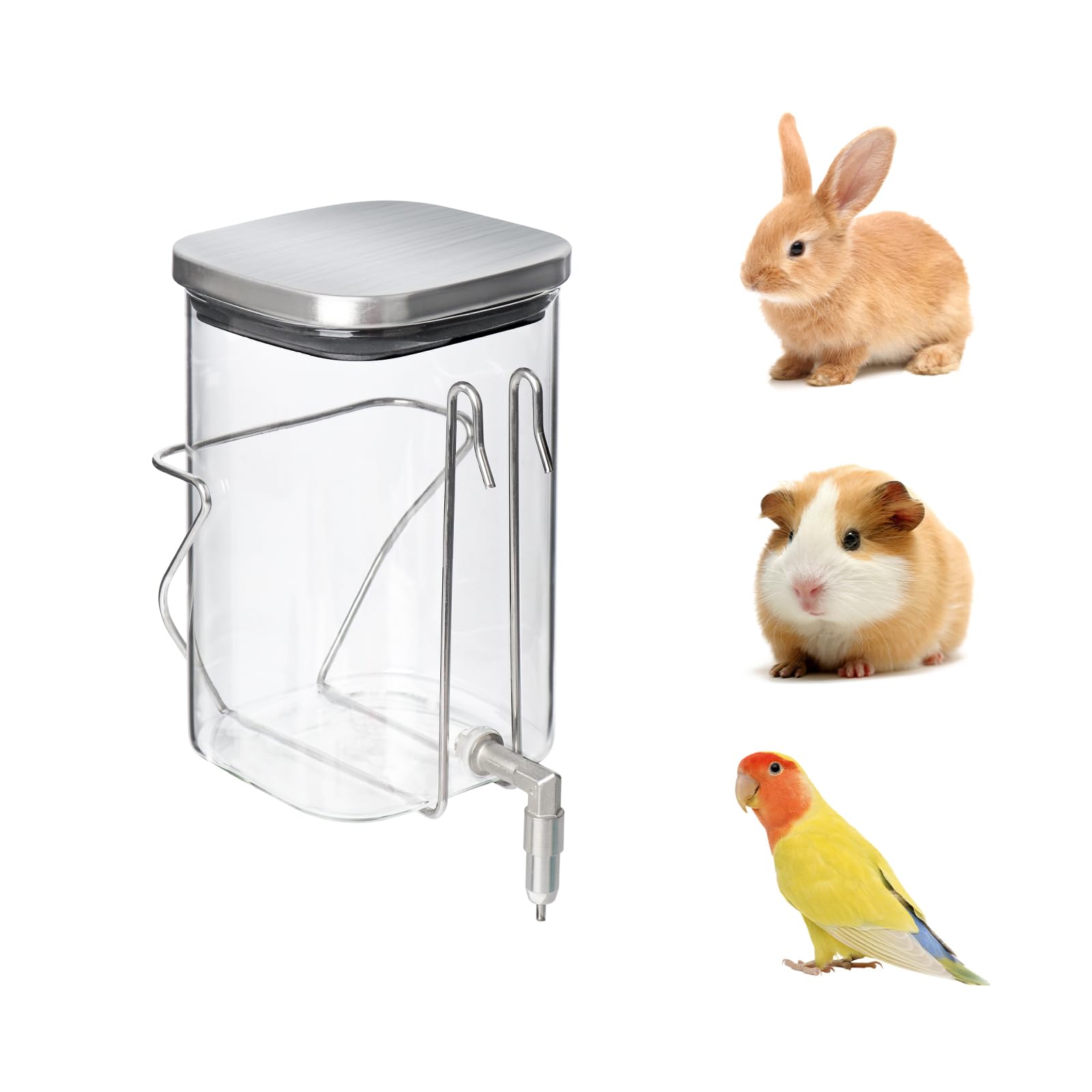 Premium-Wasserflasche aus Edelstahl und Glas, für Haustiere, mit Feuerstift, tropffreier Spender für Kaninchen, Papageien, Nagetiere, 3 Größen mit Universal-Käfighalterung (1000 ml)