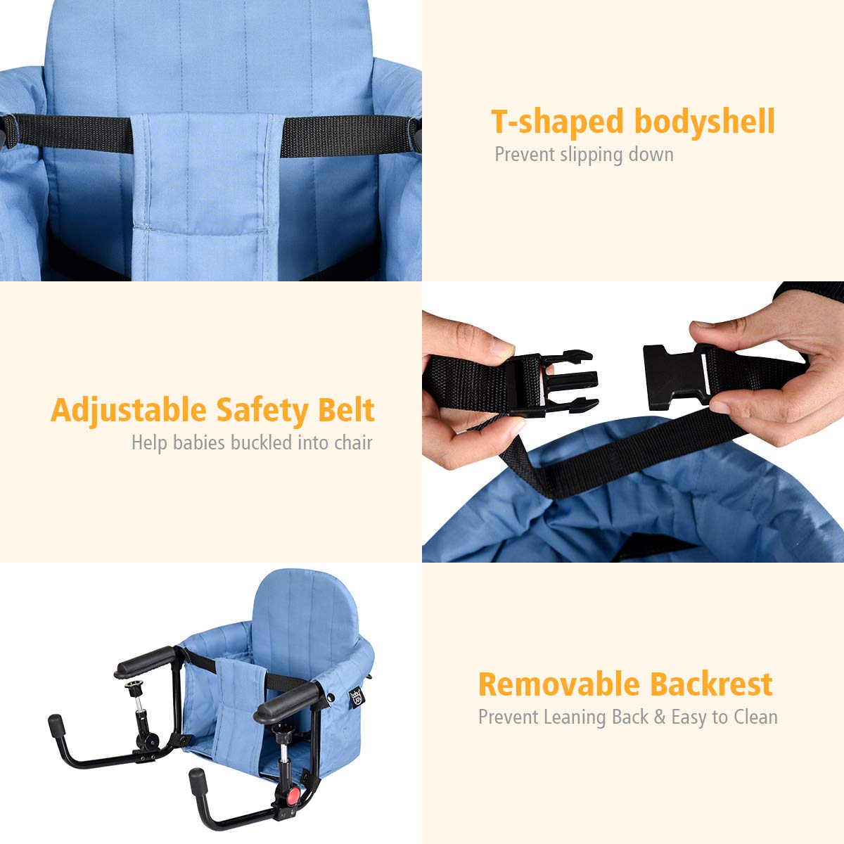 BABY JOY Hook On Chair, Fold-Flat Storage & Tight Fixing Clip on Table High Chair for Home Restaurant Travel, Portable Feeding Seat of Iron Pipe Frame, High Load Design, Baby Fast Table Chair (Blue)