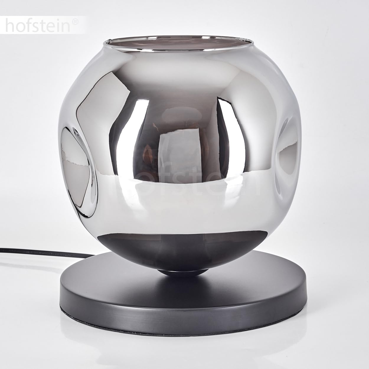 Tischleuchte Ripoll, Tischlampe aus Metall/Glas in Schwarz/Chromfarben, Leuchte im modernen Retro/Vintage-Design mit Schirm aus Glas (Ø 25 cm) u. An/-Auschalter am Kabel, 1 x E27, ohne Leuchtmittel