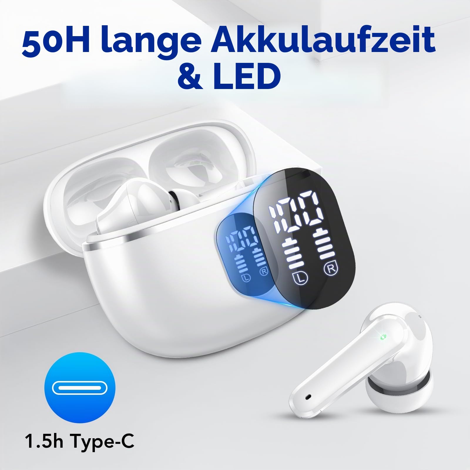 2026 Kopfhörer Kabellos Bluetooth 5.4, Bluetooth Kopfhörer Sport HiFi Stereo, In Ear Kopfhörer mit 4 ENC Noise Cancelling Mics, Tiefer Bass, 50Std mit LED-Anzeige, in Ear Ohrhörer IP7 Wasserdicht Weiß
