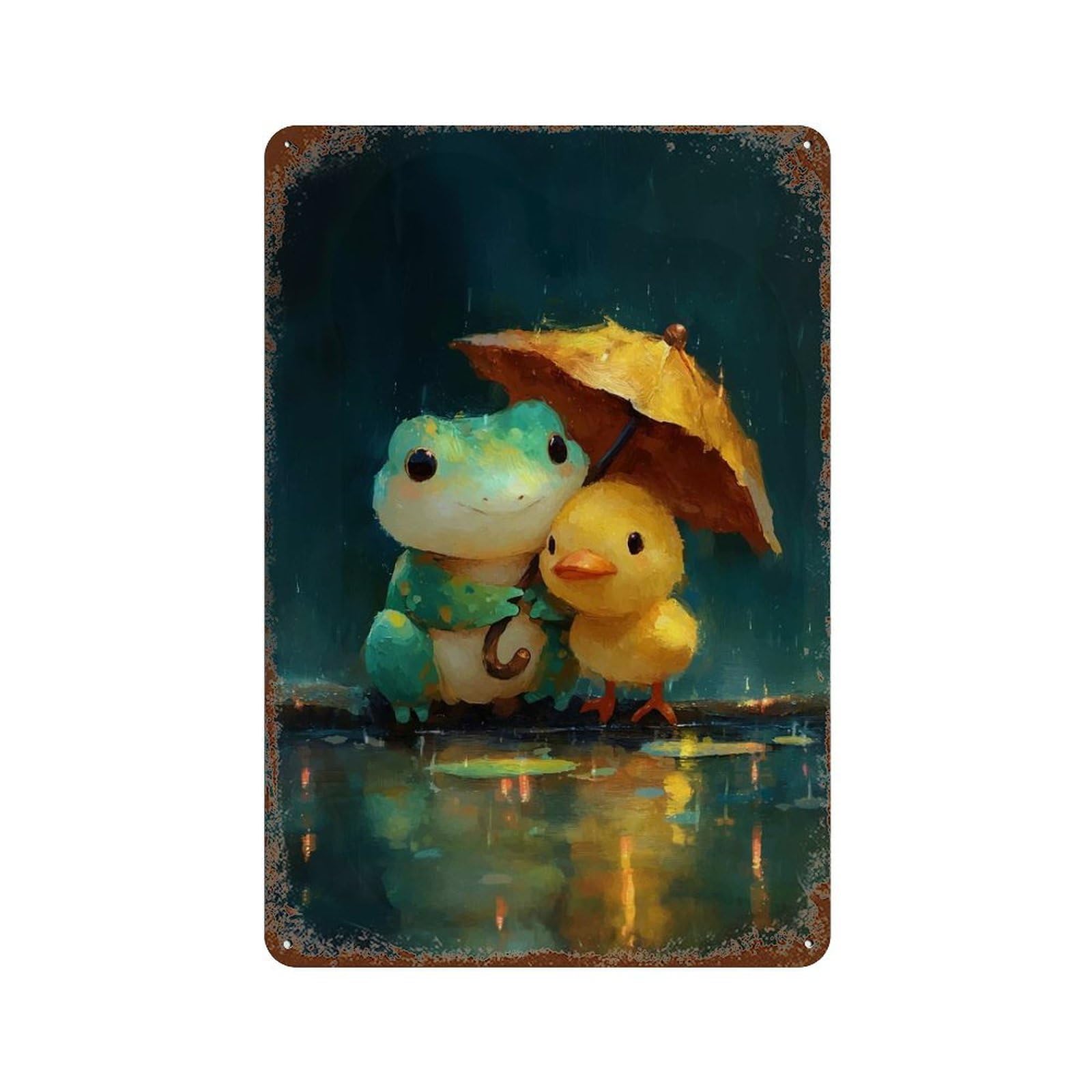 Retro Metal Sign Frog And Duckling Under Umbrella in Rain 11.8"x7.9", Retro Wall Decor for Living Room, Hallway And Home Decor
