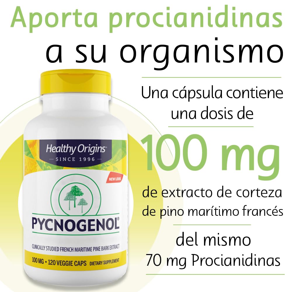 Healthy Origins, Pycnogenol, 100mg, Extracto de Corteza de Pino con Procianidinas, 120 Cápsulas veganas, Testado en Laboratorio, Sin Soja, Sin Gluten, Vegetariano, No GMO