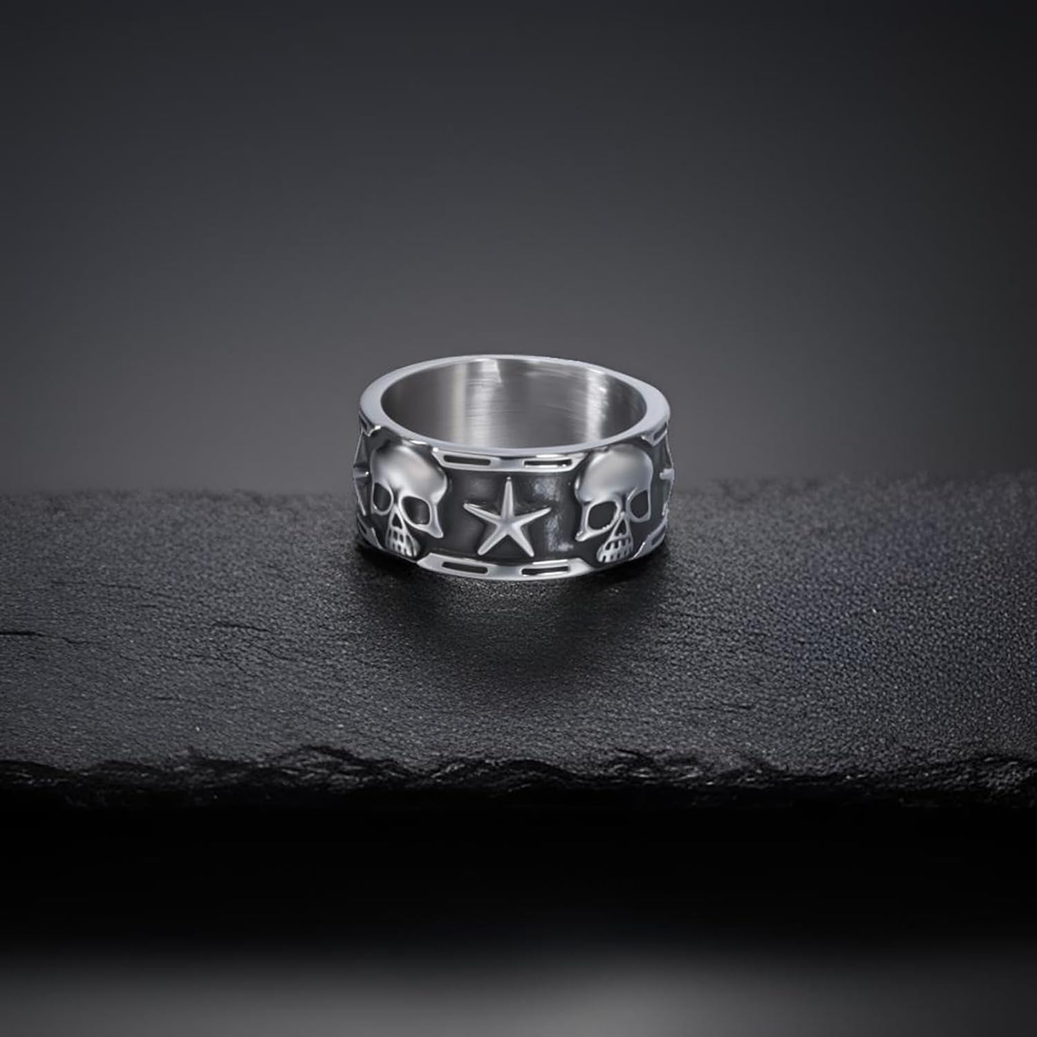 Keep Going Ring Gothic Star Skull Rings for Men Women Band Stainless Steel Silver Pentacle Skeleton Cocktail Party Biker Ring Size 8-13 - Image 5