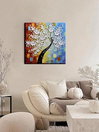 Miniatura 6 de YaSheng Art - Pintura al óleo pintada a mano sobre lienzo con flores blancas, pintura moderna para decoración interior del hogar, imagen de arte