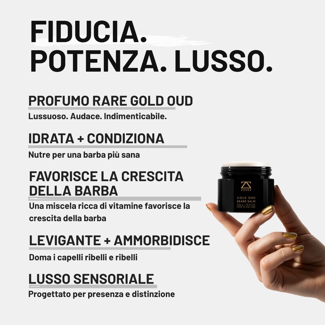 ZOUSZ Gold Oud Premium Beard Balm - Burro per la cura della barba e della pelle con profumo ipnotico di oud terroso per uomini con oli naturali - Idrata, condiziona, elimina la forfora, 50g