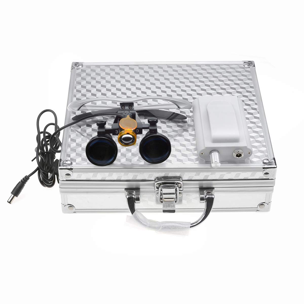 Duża lupa o dużej odległości roboczej 3,5 x 420 mm z przenośnym reflektorem LED 3 W, szeroki widok, plastikowy filtr optyczny, klips, aluminiowa skrzynka (srebrna)
