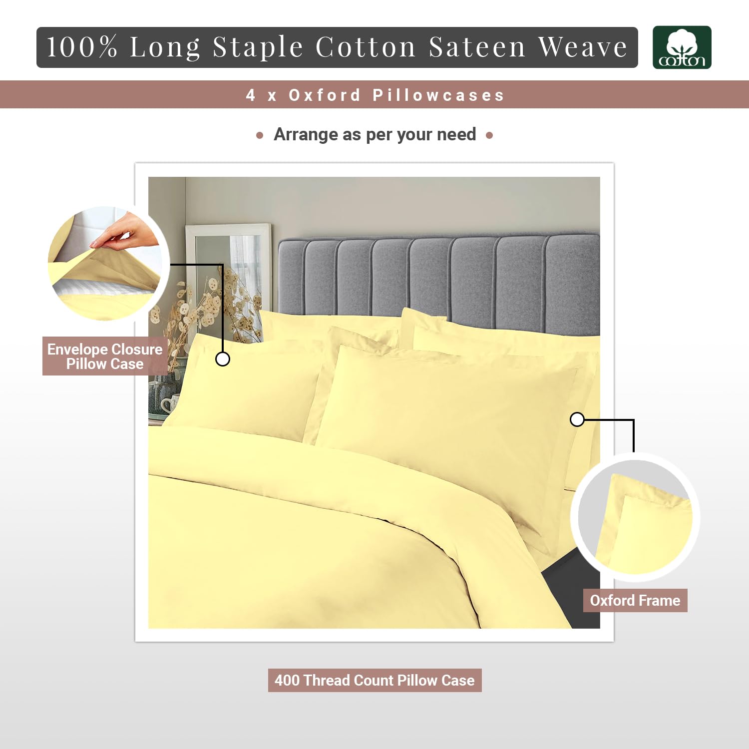 Pizuna Mellow Yellow Pillow Cases 4 Pack Cotton - Image 3
