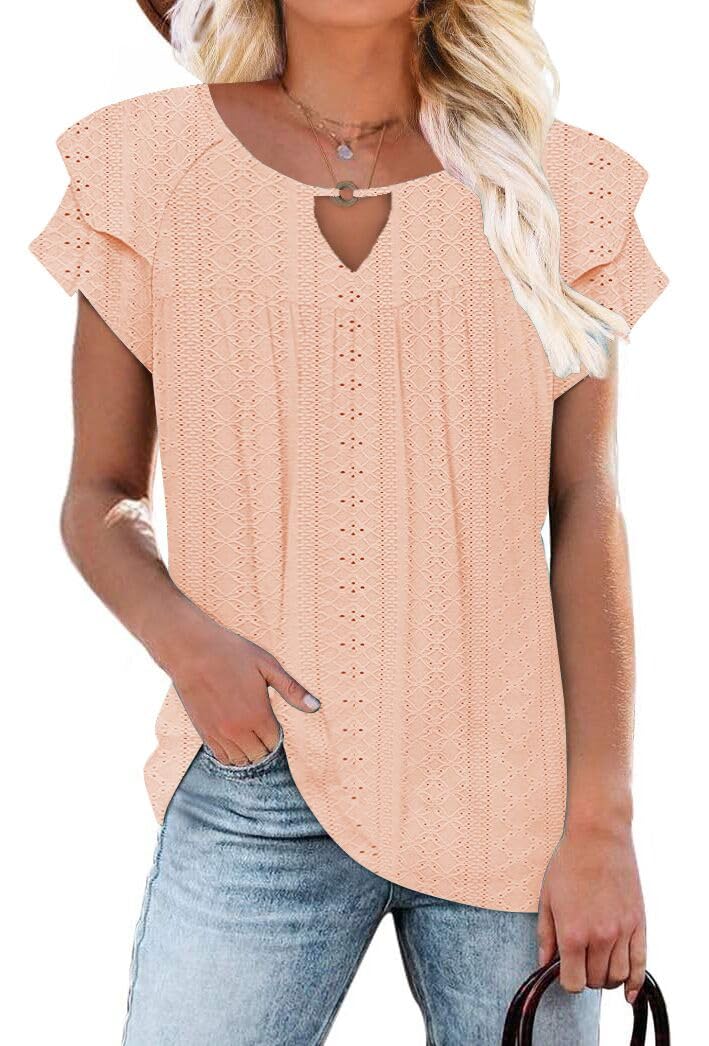 Women's Casual Dressy Short Petal Sleeve Shirts Pleated Fashion Front Key Hole Scoop Neck Floral Print Loose Fit Tops