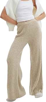 Womens Solid Rib Knit Wide Leg Pants Palazzo Lounge Pants
