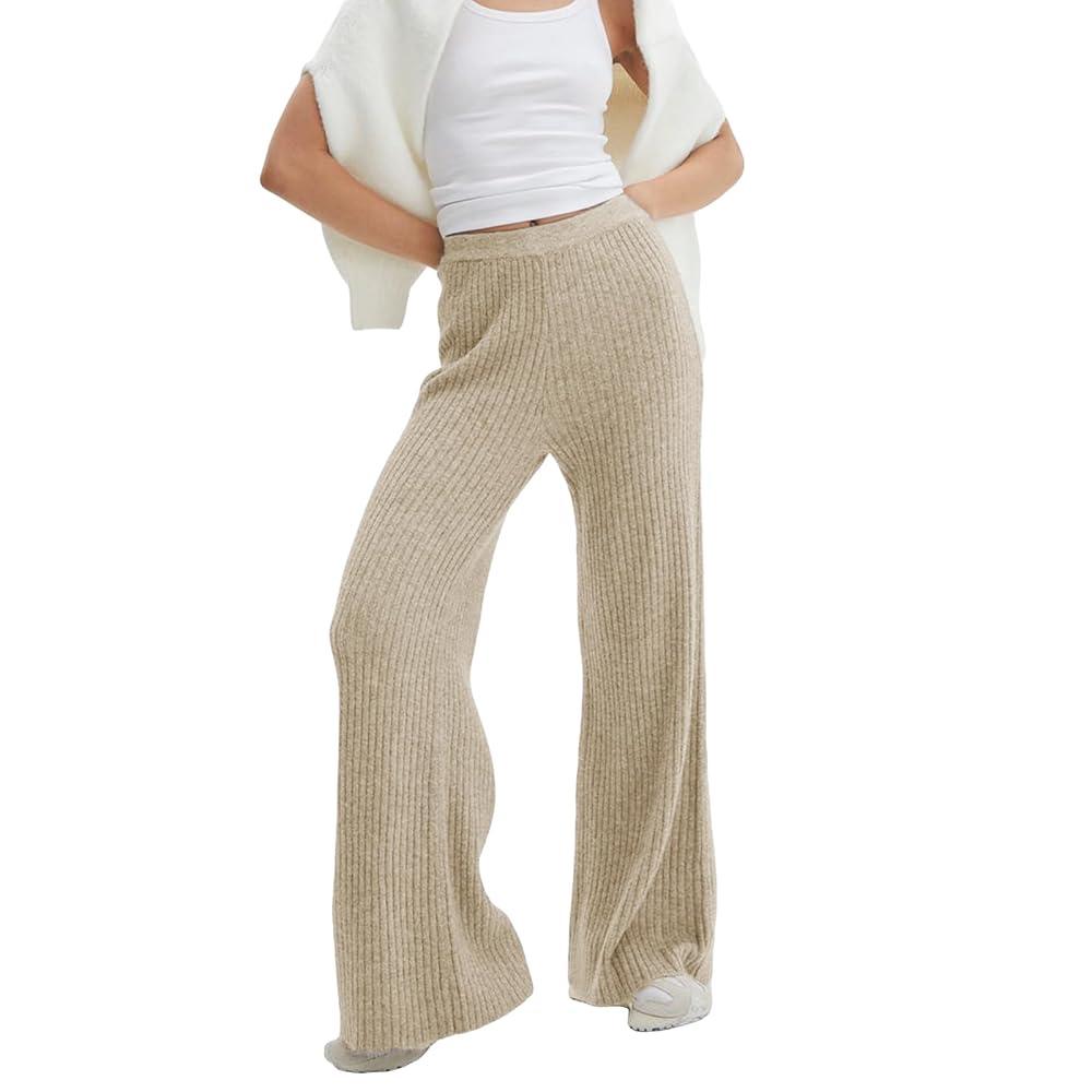 Womens Solid Rib Knit Wide Leg Pants Palazzo Lounge Pants