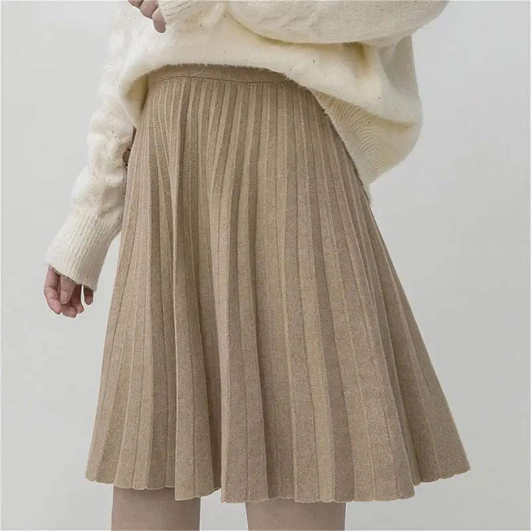 Donne Inverno Coreano Gonne A Pieghe Vita Alta Solido Sottile A-Line Gonna Lavorata A Maglia