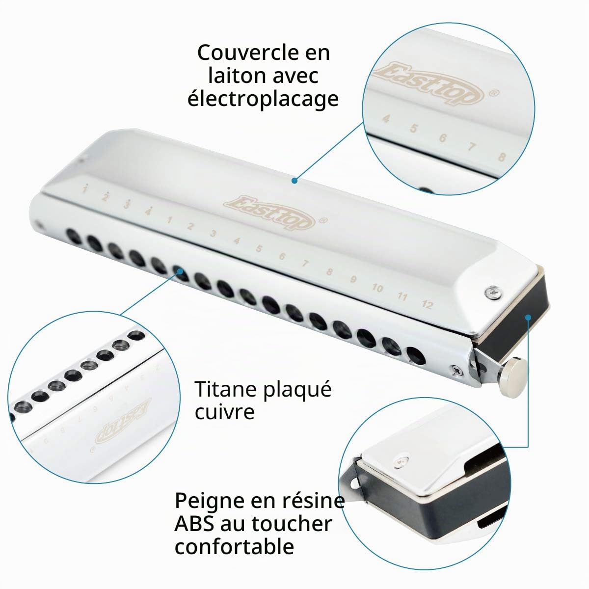 East Top 16 trous Clé d'harmonica chromatique professionnelle de 64 tonnes de C, harmonica professionnel pour adultes, musiciens de groupe et étudiants (SR)