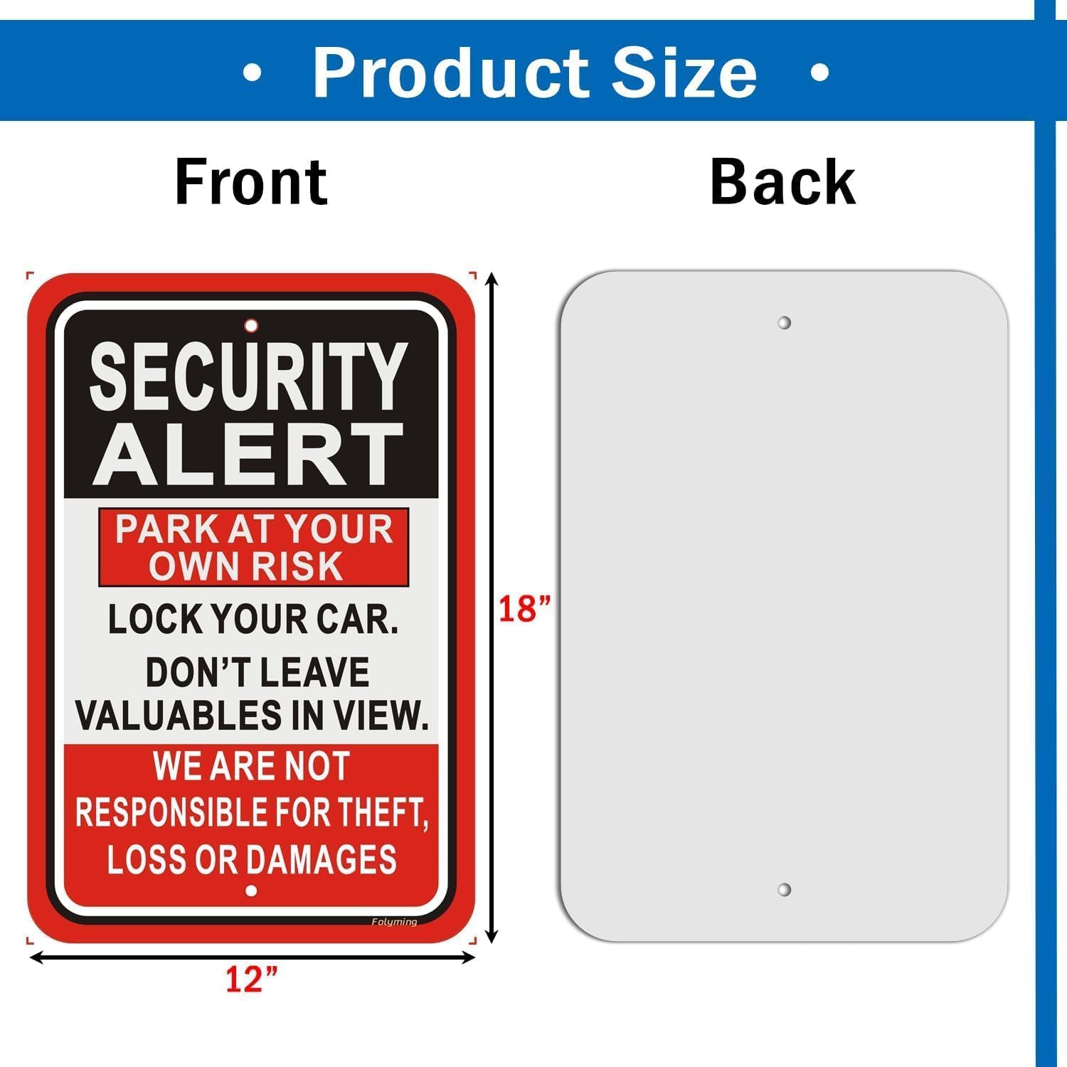 Señal de alerta de seguridad – Park At Your Own Risk – Paquete de 2 unidades de 12 x 18 pulgadas Lock Your Car & Don't Leave Valuables – Not Responsible for Theft/Loss/Damage Sign for Parking Lot