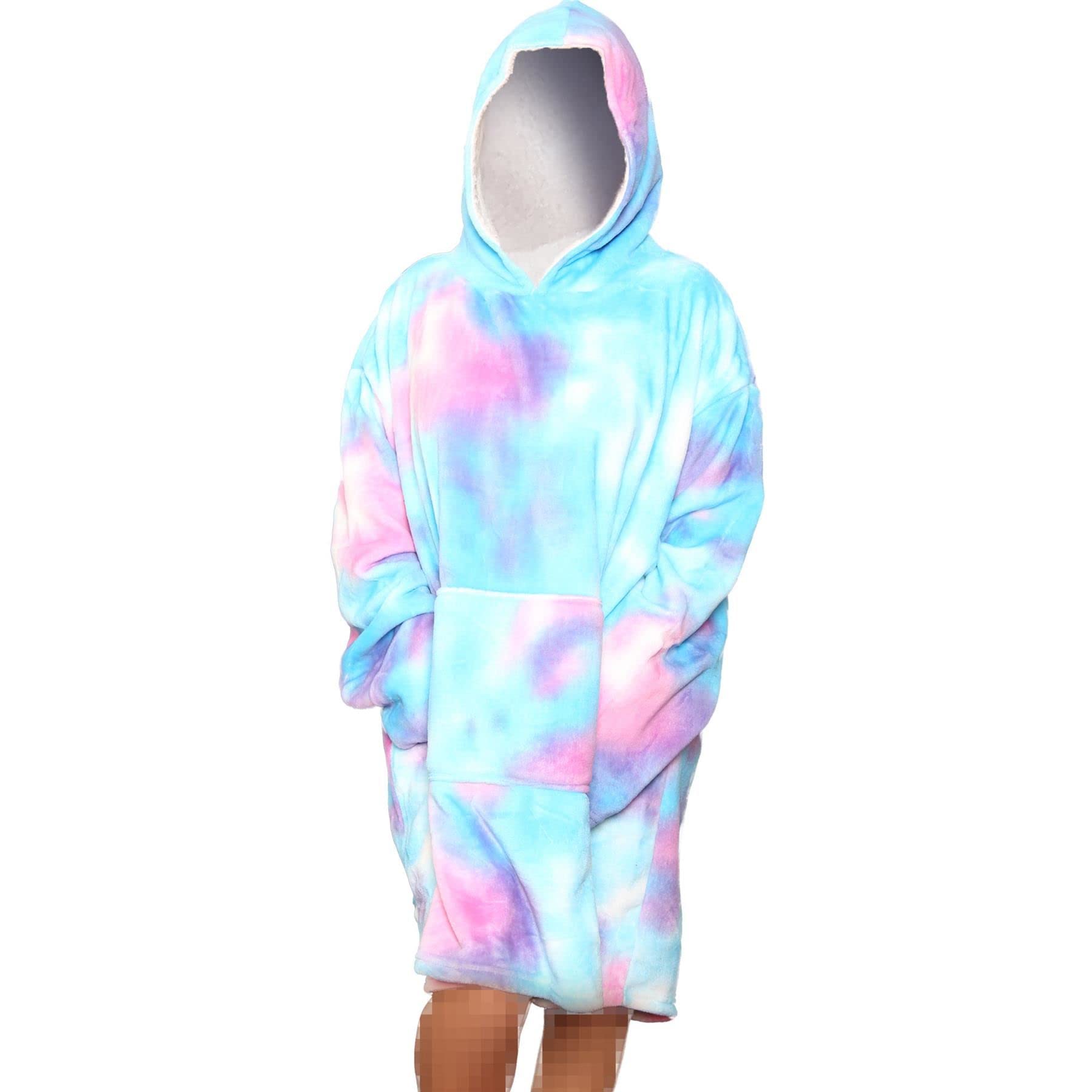 A2ZLadies Oversized Hoodie Tie Dye Printed Blue Snuggle Blanket Super Soft Warm Fleece Kangaroo Pocket For Women