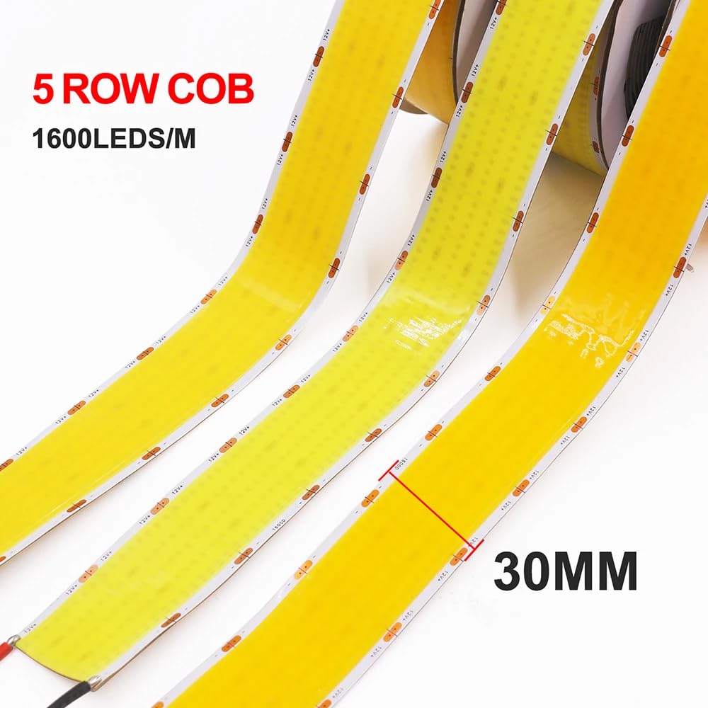 Taśma LED COB biała 6000 K 1600 LED/m, 5 rzędów elastycznych diod LED, 4300 lumenów/m, szerokość 30 mm, płytka drukowana DC24 V, samoprzylepna, do przemysłowych, komercyjnych taśm LED (biała