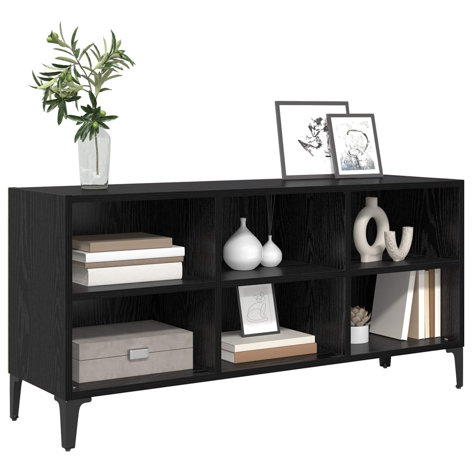 Black Oak TV Stand with Storage | Modern entertainment center features open shelves for media players and gaming consoles in the living room.