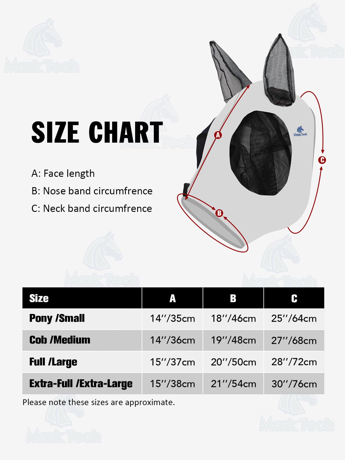 Mask Tech Fliegenmaske für Pferde, 5 Stück, dehnbare elastische Fliegenmasken mit Ohren, atmungsaktiv, weiches Netzgewebe, 3D-Augenabstand & UV-Schutz, einfaches Hineinschlüpfen für die tägliche