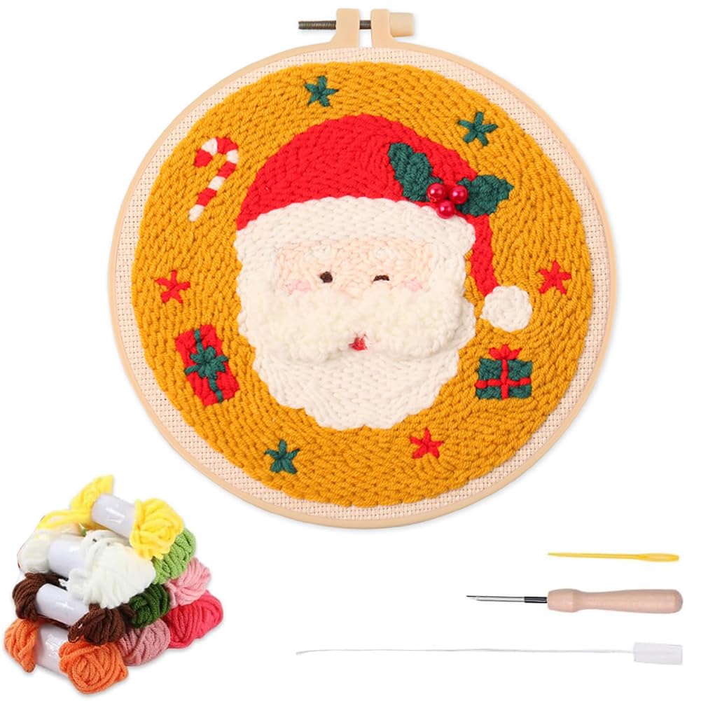 YEESAM ART Punch Needle Kit with Christmas Santa Patterns, Full Set DIY Punch Needle Embroidery Set with Hoop Tool, Easy Craft for Adults Beginners
