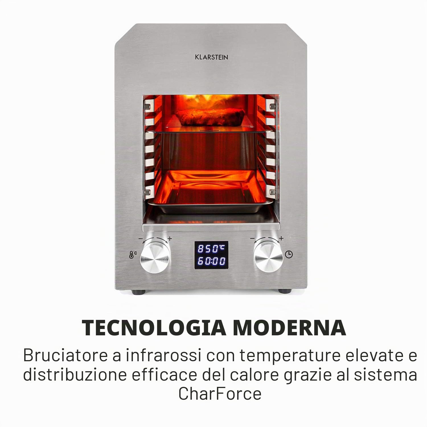Klarstein Hannibal - Griglia ad Alta Temperatura, Indoor, Interni, Potenza: 2.200 W, 200-850 °C, Elemento a Infrarossi, CharForce System, Superficie: 18,5 x 30 cm, Display LED, Timer, Argento