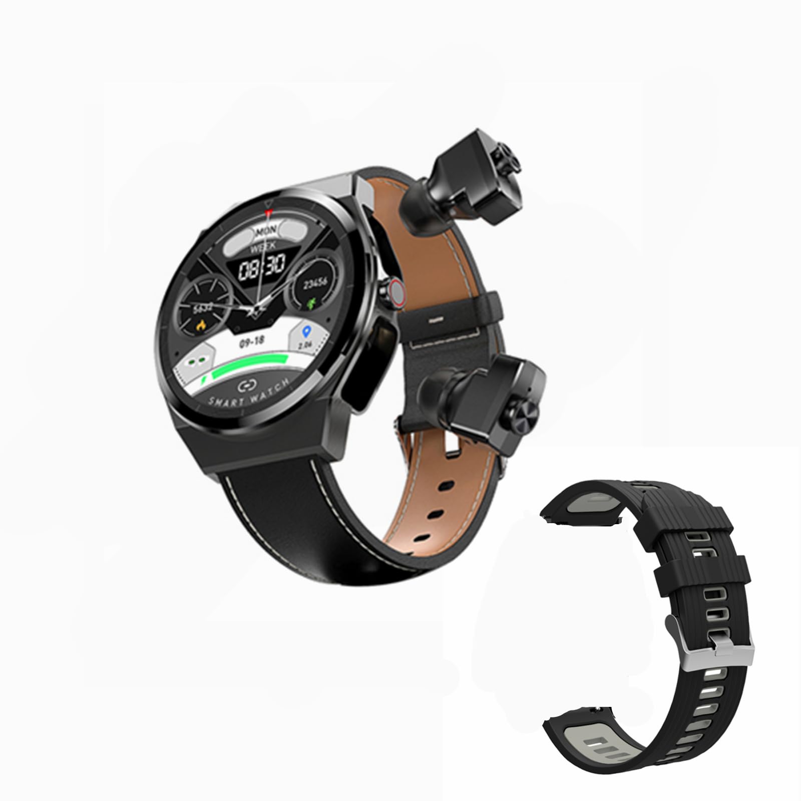 Tuanzi JM08 2 in 1 Smart Watch with Earbuds 1.28" Smartwatch TWS HiFi Stereo Wireless Headset Combo Bluetooth Phone Call for Android iOS (Black Leather+Silicone)