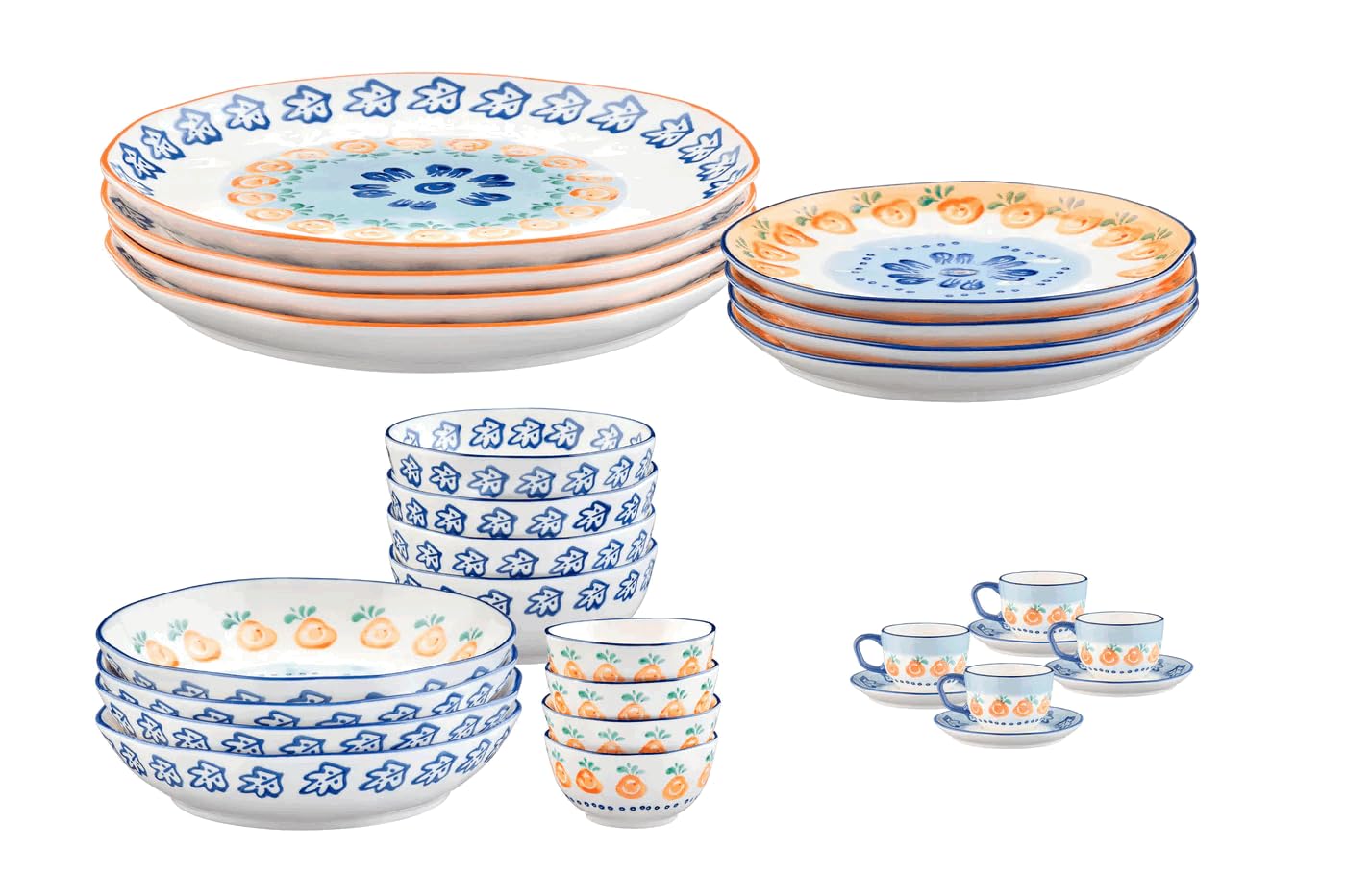 BJORN Geschirrset NAPOLI 28-teilig – Service für 4 Personen aus weißem Porzellan, handbemalt – Teller, Schalen & Tassen – Elegantes Geschirr Set