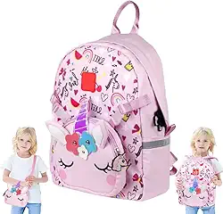 Mochila Infantil Unicórnio 2 em 1 com Bolsa Tiracolo Removível 3D Impermeável Escolar Creche Passeio Leve Espaçosa Alças Ajustáveis Multicolorida Fácil de Limpar