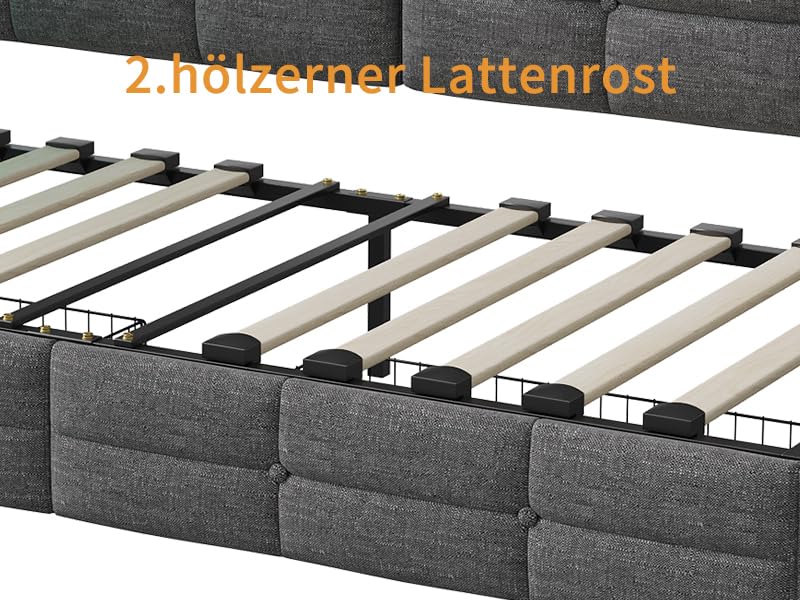 Julyue Polsterbett Schlafsofa 90x200 mit 2 Schubladen Stauraum, Jugendbett 90x200 mit LED-Beleuchtung und USB-Ladestation, Einzelbett mit Lattenrost aus Holz,Leinen Grau(ohne Matratze)