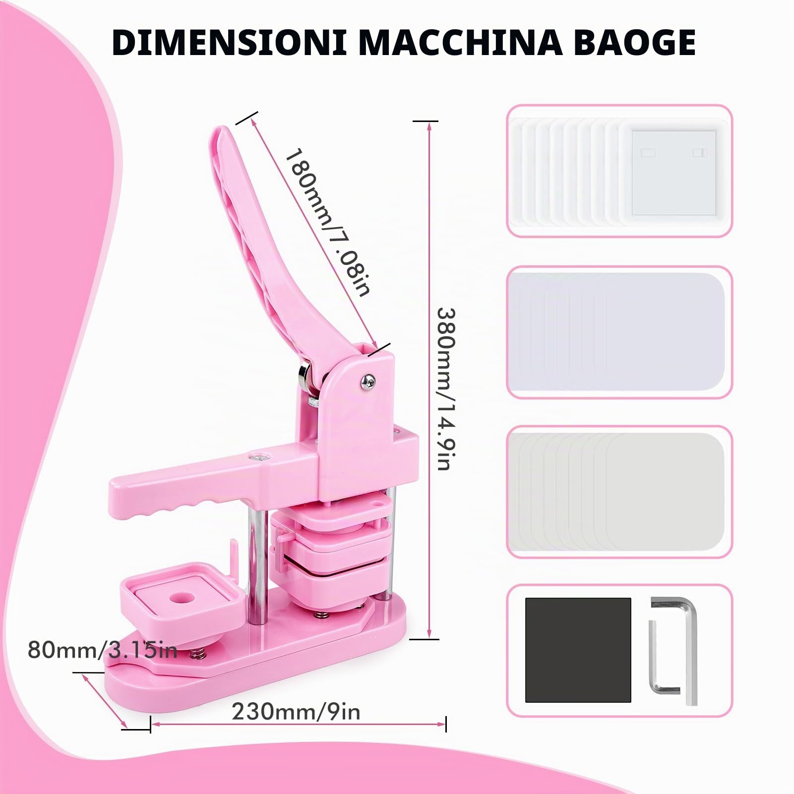 Button Maker Machine, 50 mm quadrato fai da te frigorifero Badge Maker personalizzato stampa kit con 100 pezzi di bottoni per regali Pin Maker, rosa